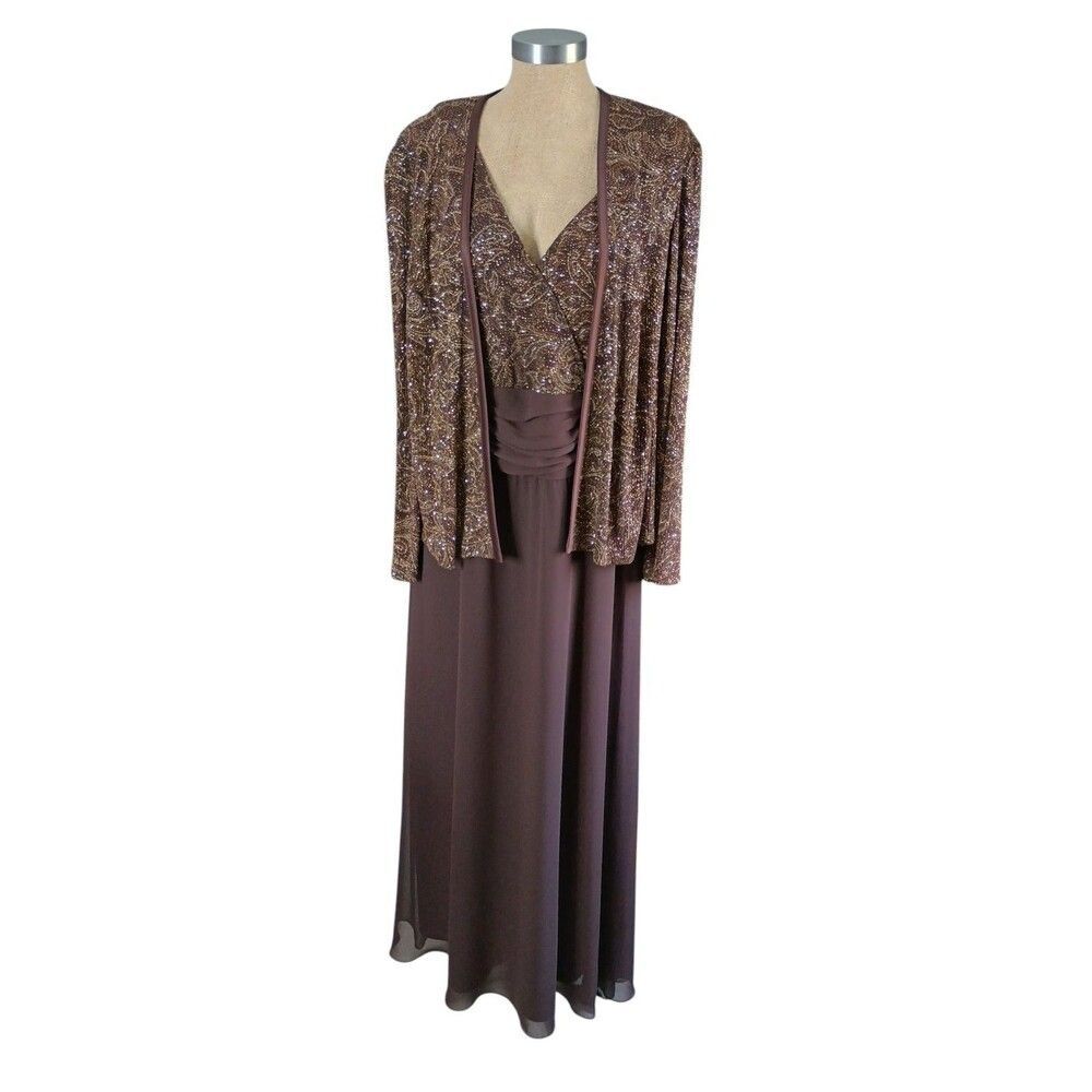 Vintage Patra Woman Dress+Jacket 16W Brown+Gold Metallic Maxi Wedding Cocktail